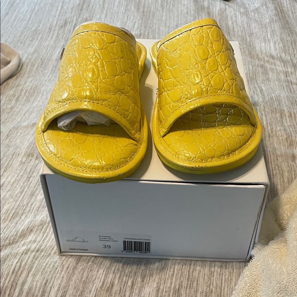 BY FAR Yellow Croc-Embossed Slide Sandals
